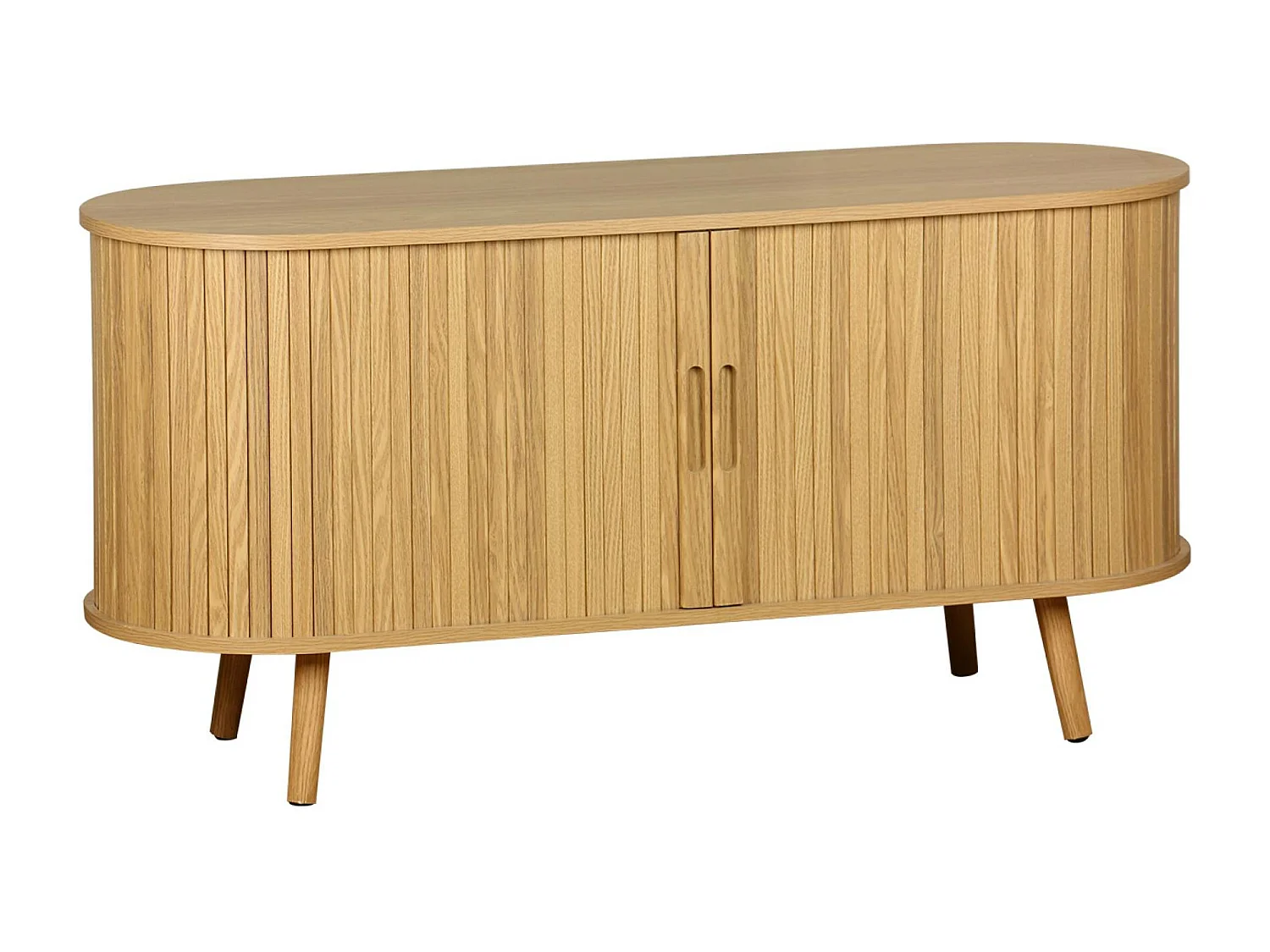 Meuble TV scandinave 2 portes coulissantes. 4 compartiments. décor bois rainuré naturel. L120 x 40 x 57 cm