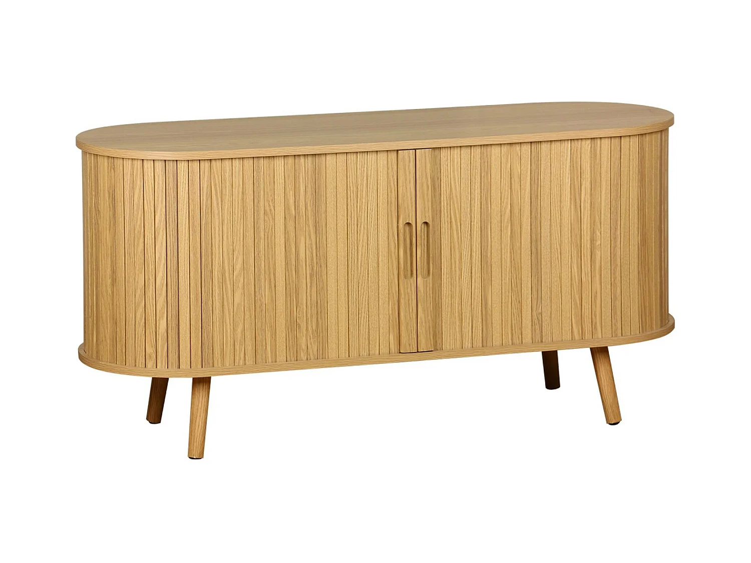 Meuble TV scandinave 2 portes coulissantes. 4 compartiments. effet bois rainuré naturel. L120 x 40 x 57 cm