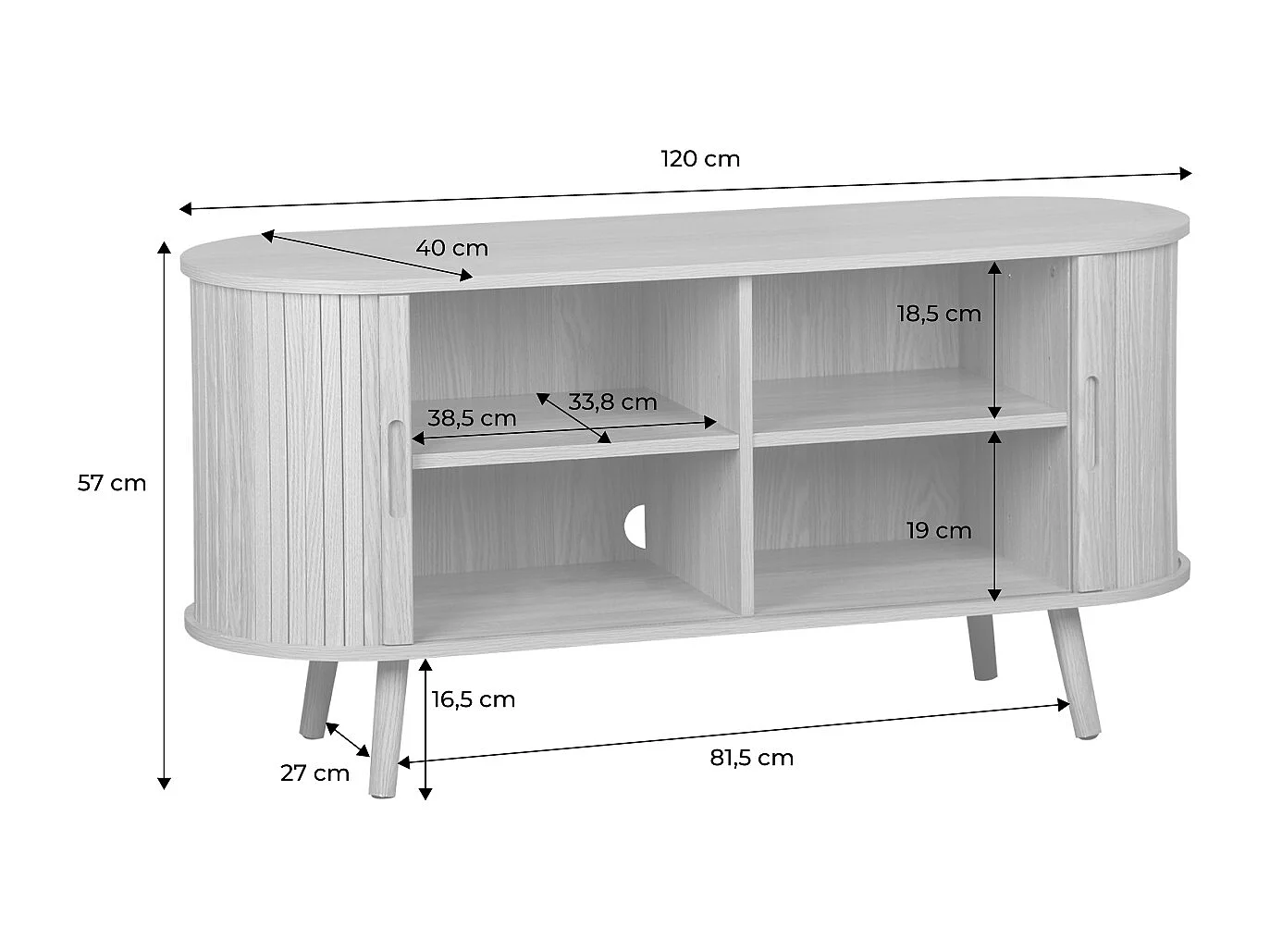 Mobile tv scandinavo con 2 ante scorrevoli, 120cm, marrone naturale