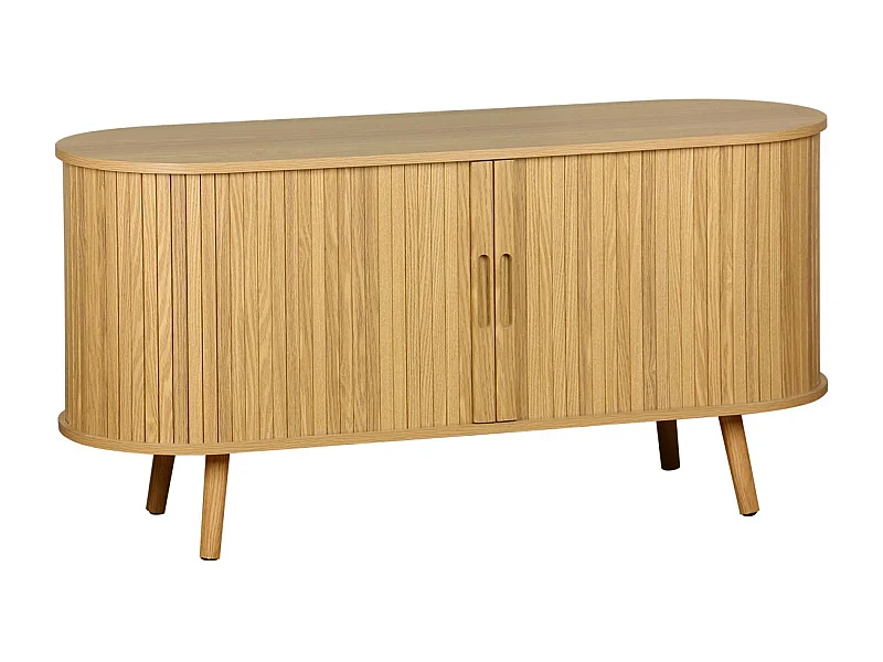 Meuble TV scandinave 2 portes coulissantes. 4 compartiments. décor bois rainuré naturel. L120 x 40 x 57 cm