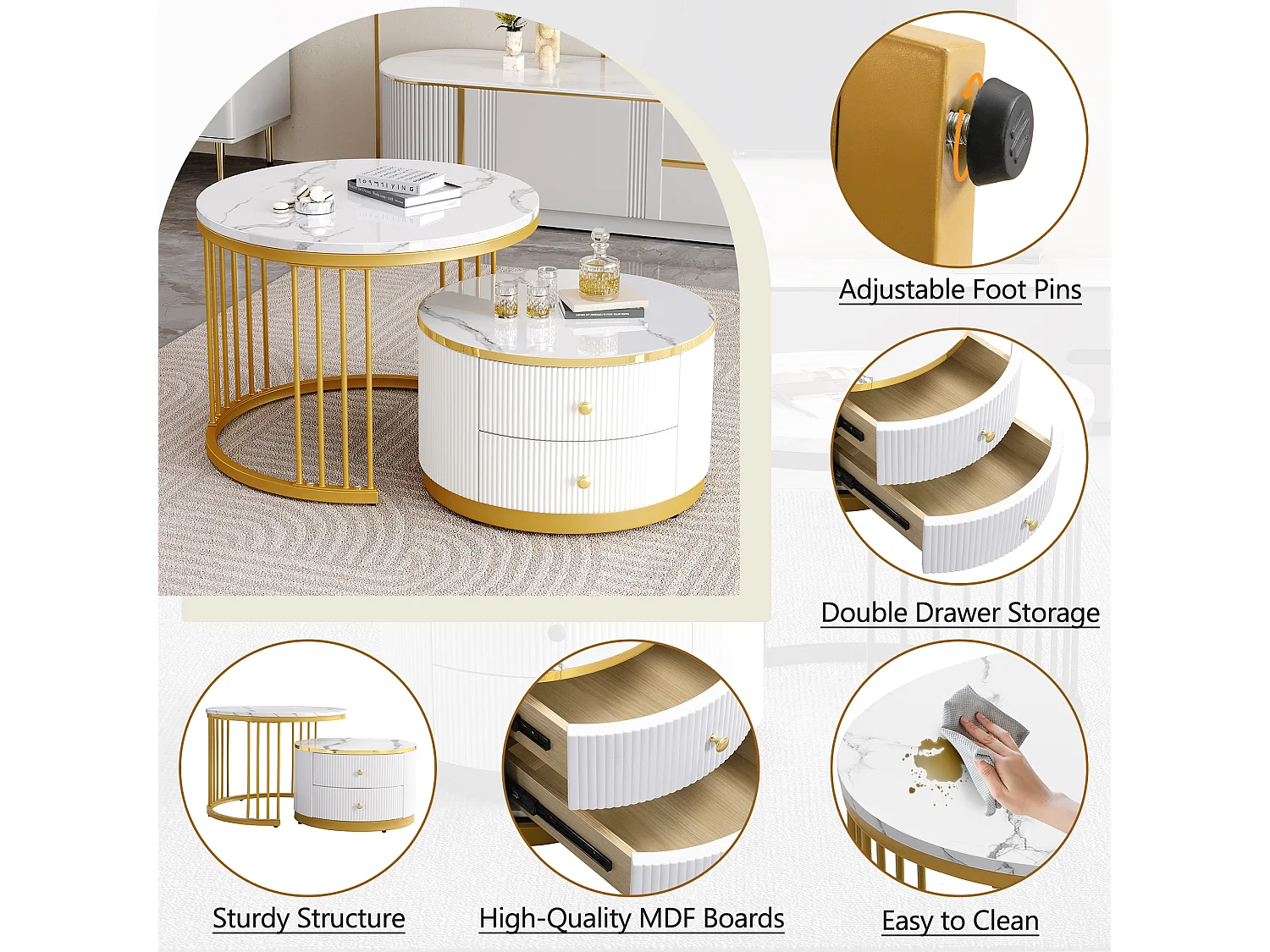 Set van 2 bijzettafels - 2 lades - blad met marmerpatroon - Wit en goud