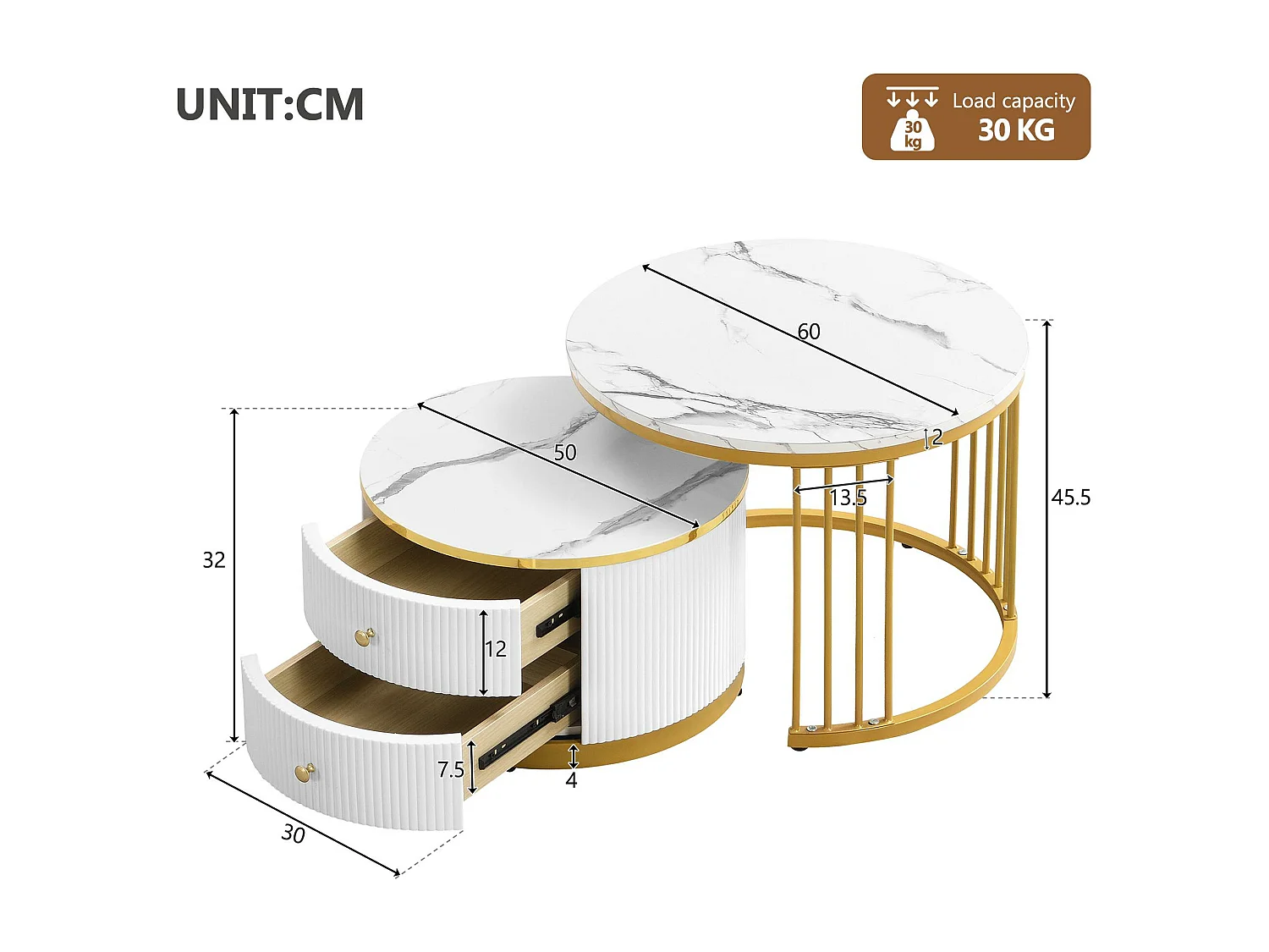 Set van 2 bijzettafels - 2 lades - blad met marmerpatroon - Wit en goud