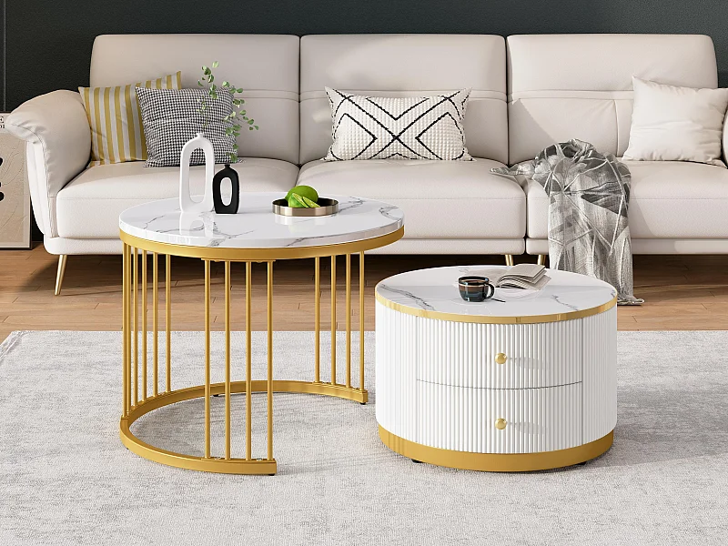 Lot de 2 tables gigognes - 2 tiroirs - plateau à motif de marbre - Blanc & Doré