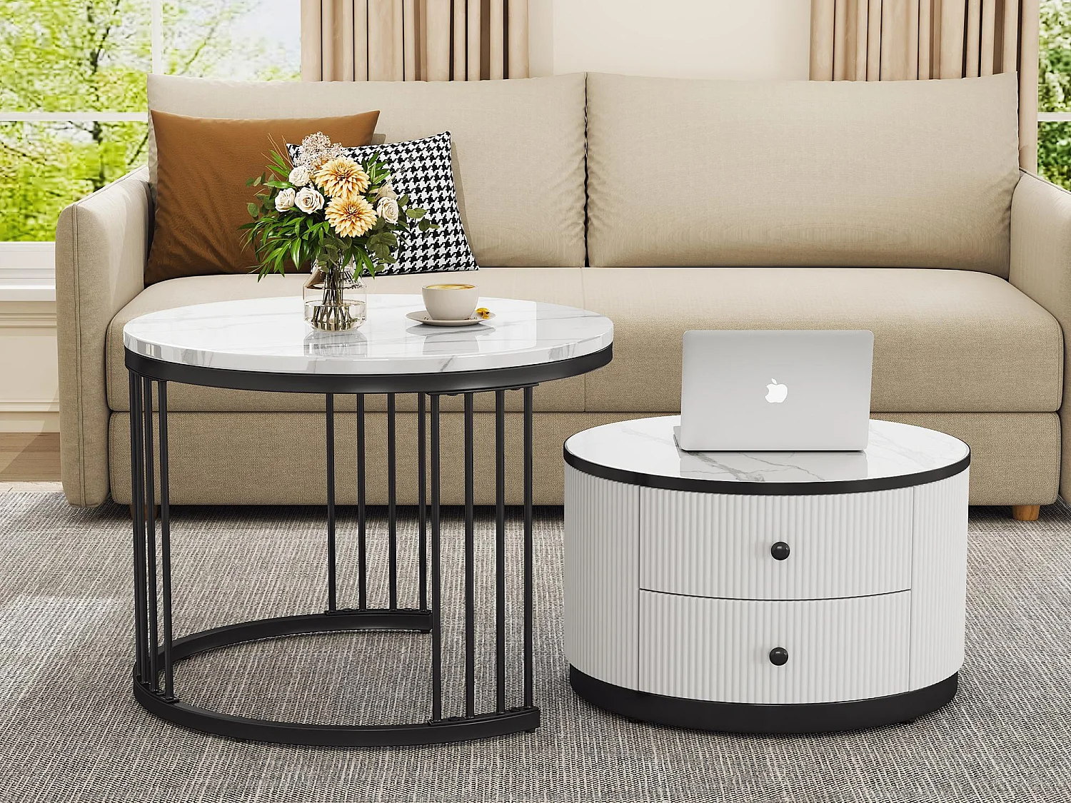 Set di 2 tavolini impilabili - 2 cassetti - piano con motivo in marmo - Bianco e nero