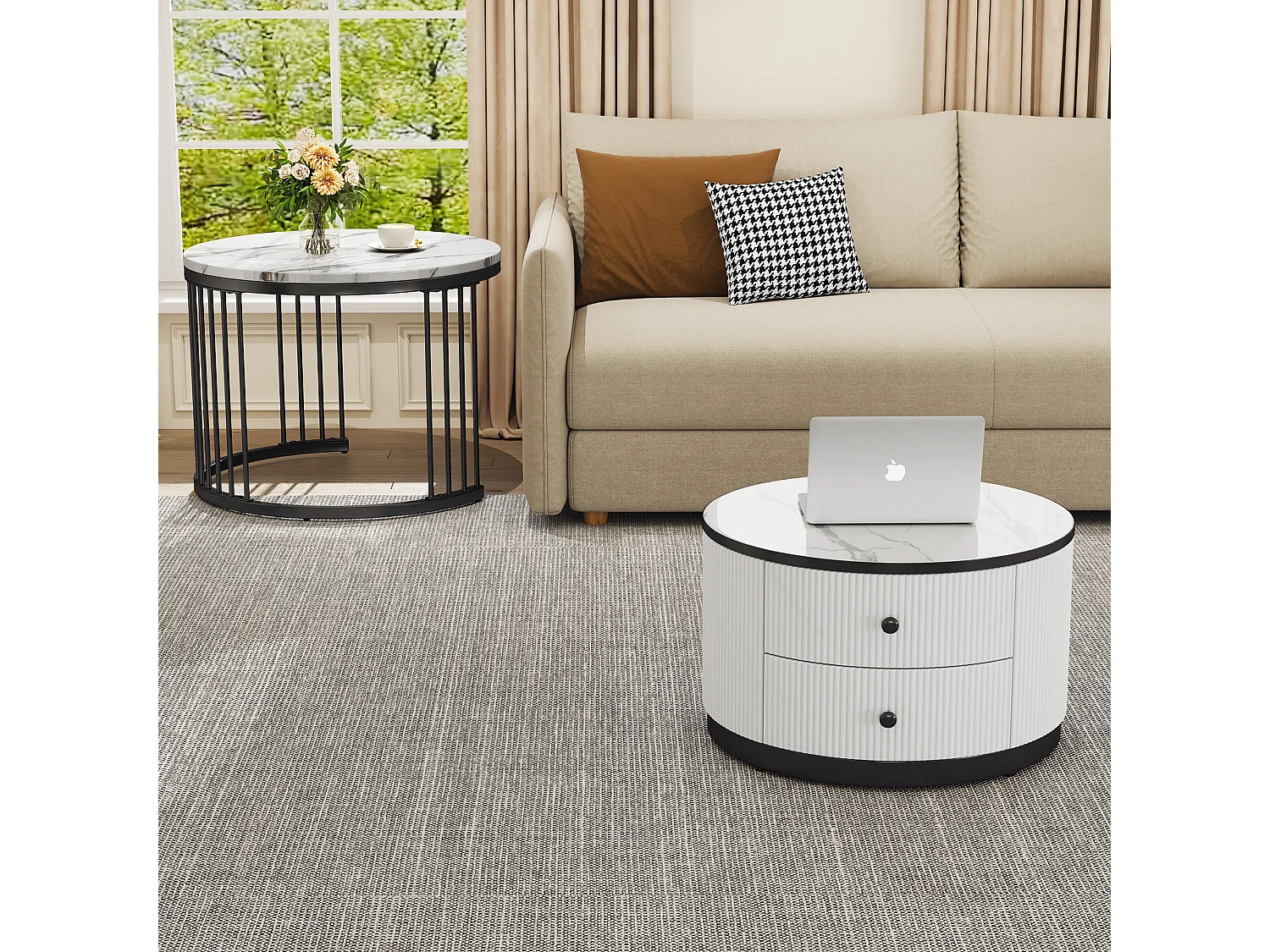 Set di 2 tavolini impilabili - 2 cassetti - piano con motivo in marmo - Bianco e nero