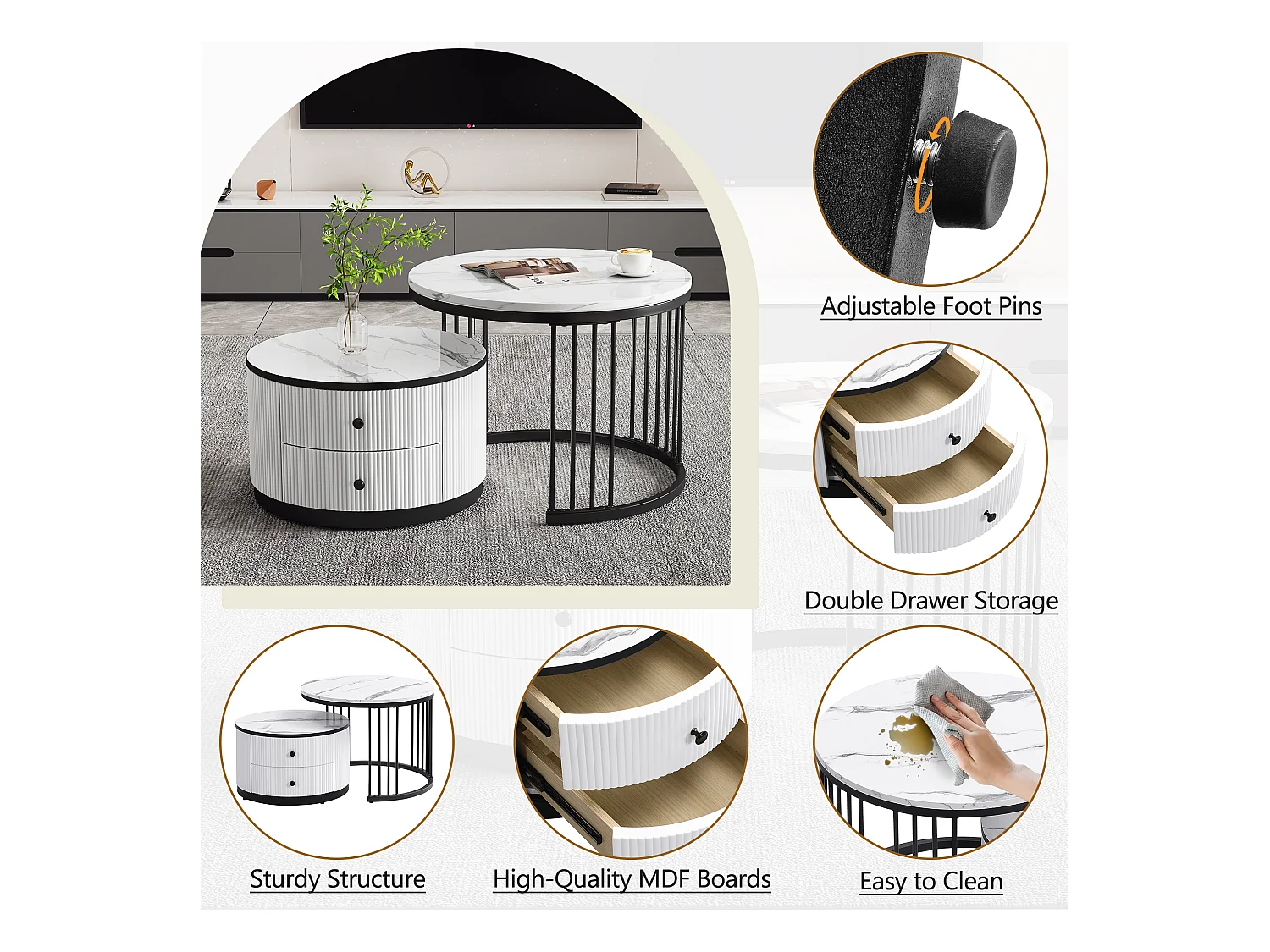 Set di 2 tavolini impilabili - 2 cassetti - piano con motivo in marmo - Bianco e nero