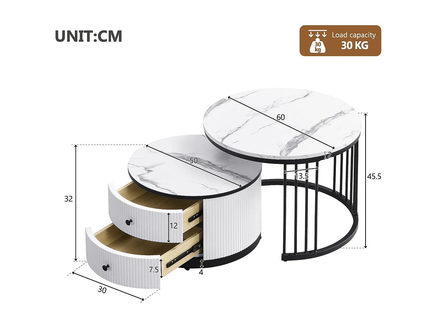 Set di 2 tavolini impilabili - 2 cassetti - piano con motivo in marmo - Bianco e nero