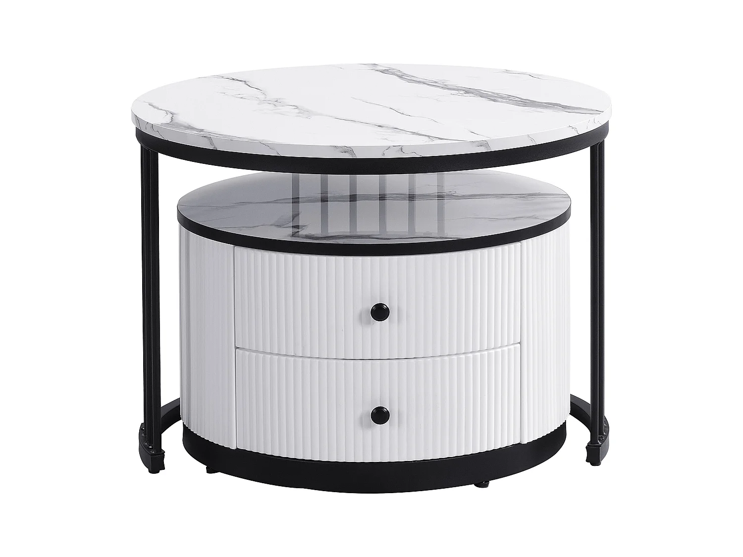 Set di 2 tavolini impilabili - 2 cassetti - piano con motivo in marmo - Bianco e nero