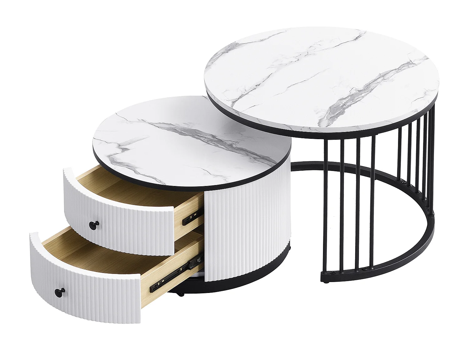 Set di 2 tavolini impilabili - 2 cassetti - piano con motivo in marmo - Bianco e nero