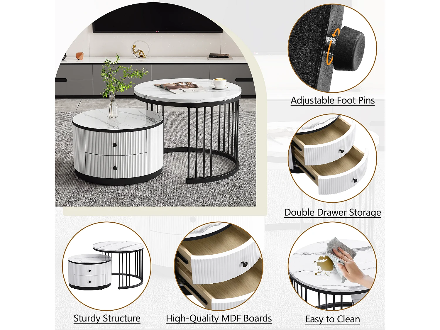 Lot de 2 tables gigognes - 2 tiroirs - plateau à motif de marbre - Blanc & Noir