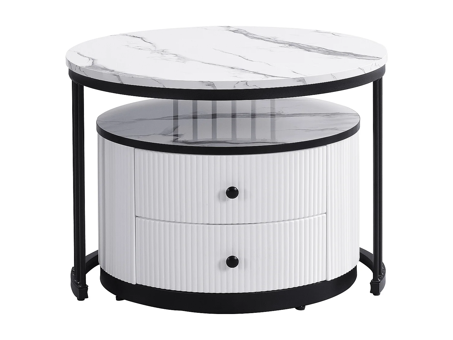 Lot de 2 tables gigognes - 2 tiroirs - plateau à motif de marbre - Blanc & Noir