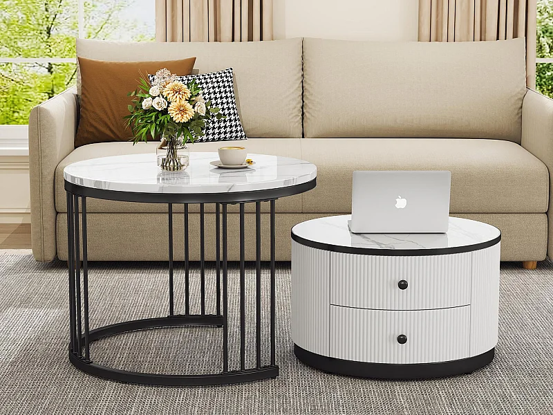 Lot de 2 tables gigognes - 2 tiroirs - plateau à motif de marbre - Blanc & Noir