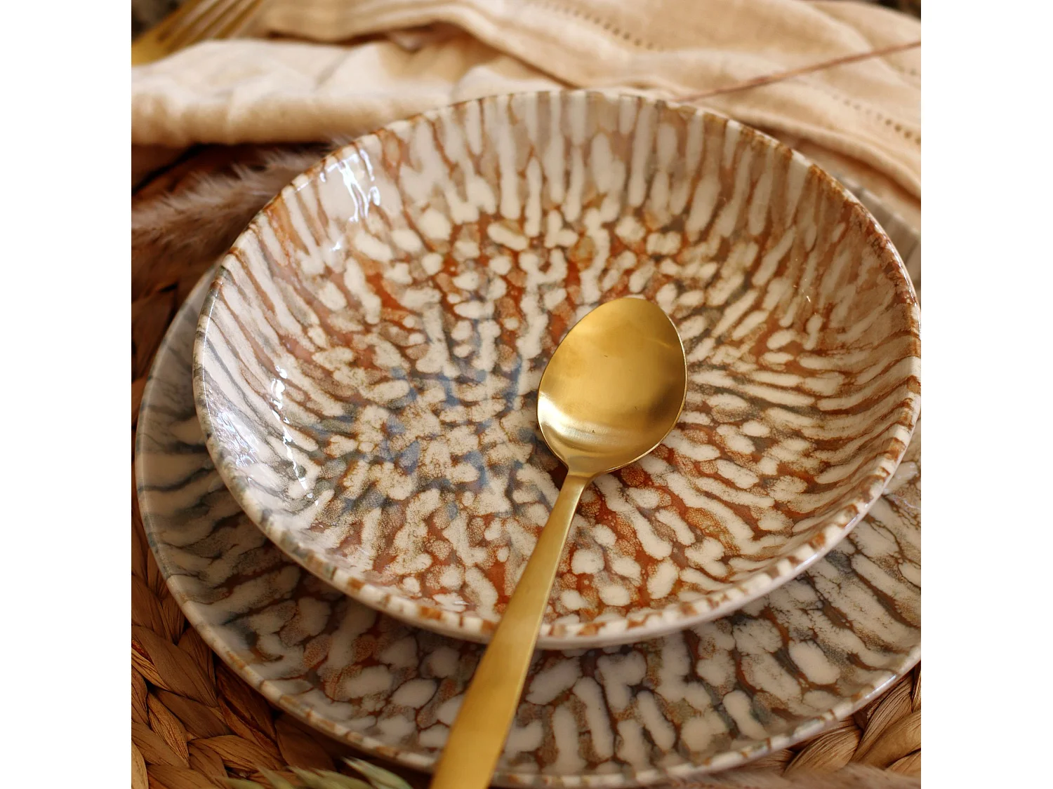 Novastyl - Lot 6 Assiettes Creuses Ambre 20.5cm En Gres Marron Et Beige