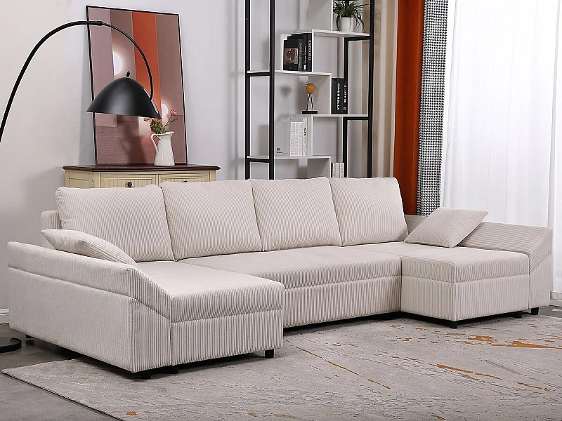 Sofá esquinero panorámico de pana "Vaugirard II" - 5 plazas - Beige