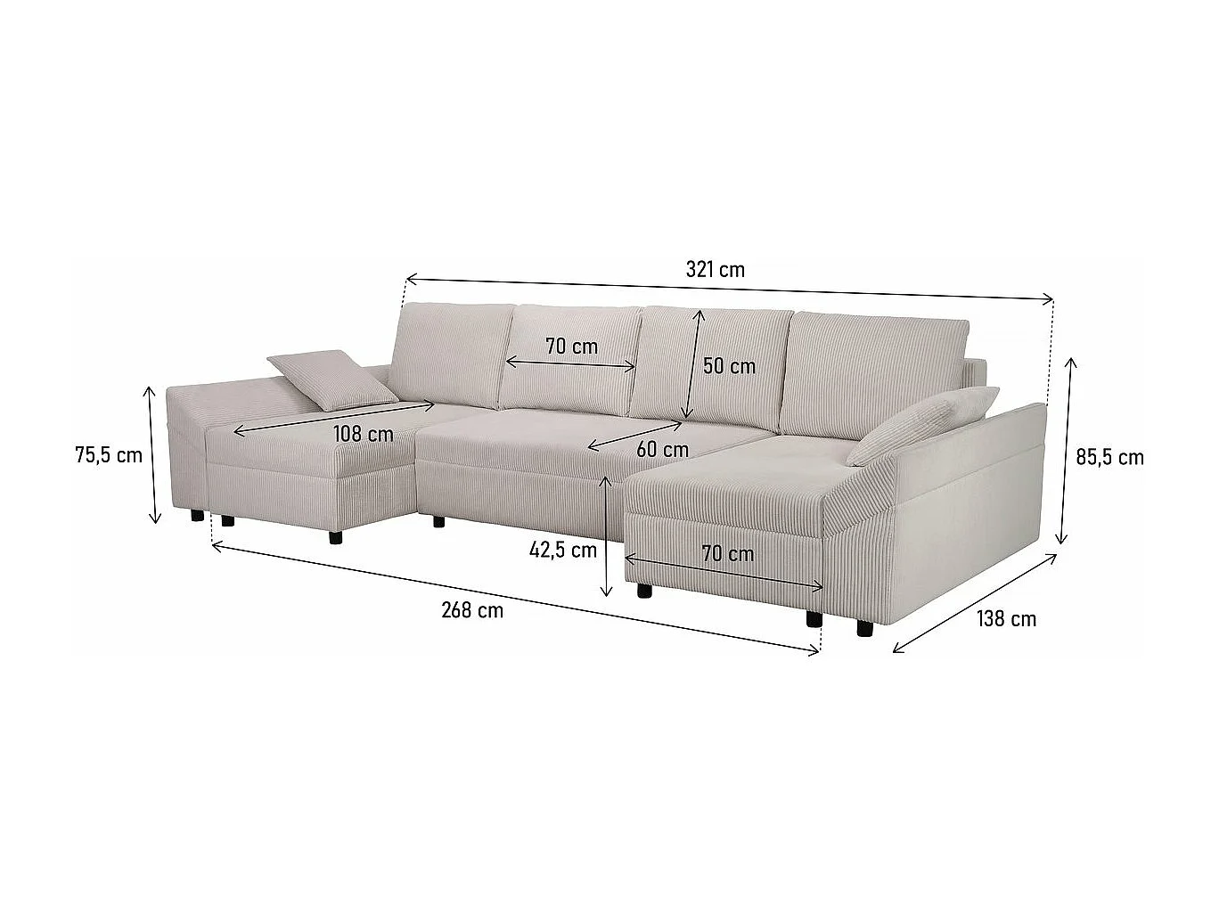 Canapé d'angle panoramique en velours côtelé "Vaugirard II" - 5 places - Beige