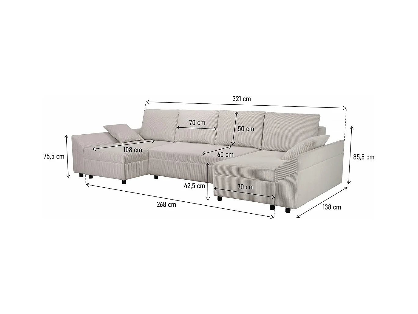 Panorama-Ecksofa aus Cord "Vaugirard II" - 5-Sitzer - Beige
