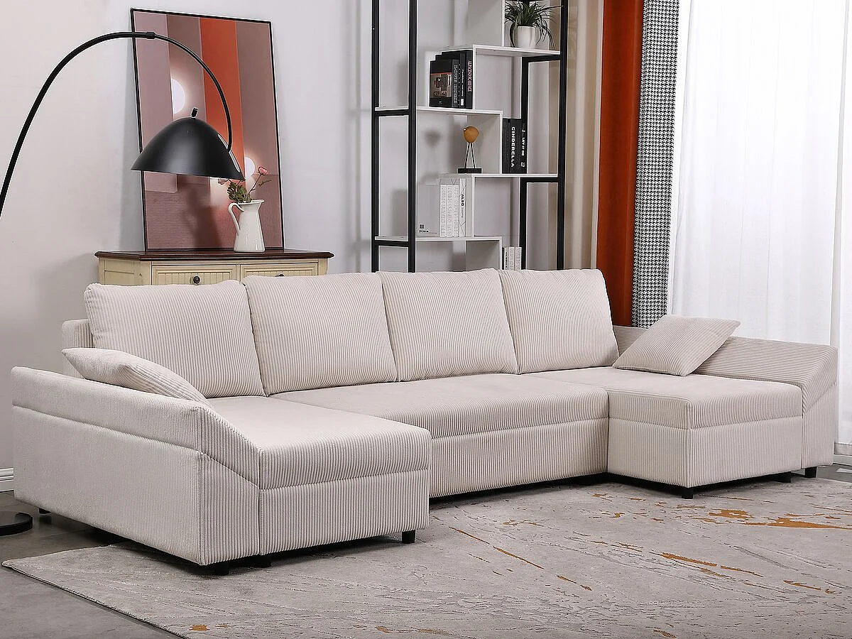 Divano angolare panoramico in velluto a coste "Vaugirard II" - 5 posti - Beige