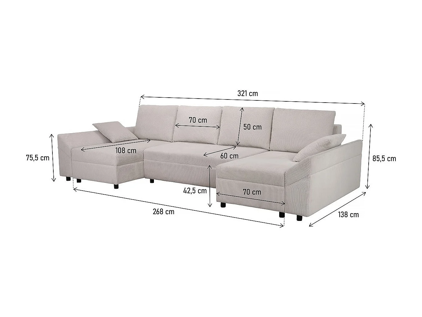 Canapé d'angle panoramique en velours côtelé "Vaugirard II" - 5 places - Beige