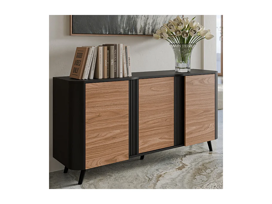 Buffet noir et bois - bords arrondis - 3 portes - 150cm Viali