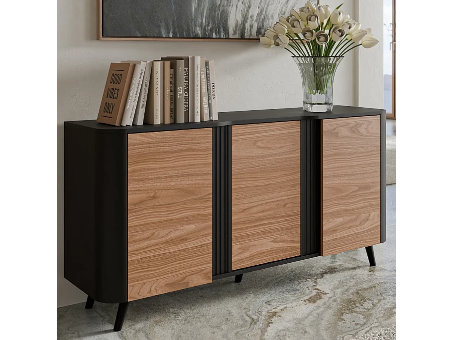 Credenza in legno e nero - bordi arrotondati - 3 ante - 150cm Viali