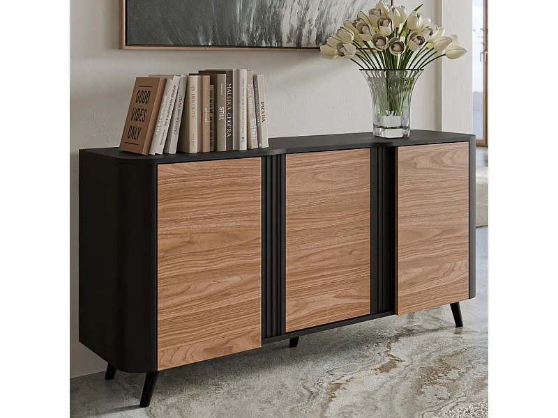Credenza in legno e nero - bordi arrotondati - 3 ante - 150cm Viali