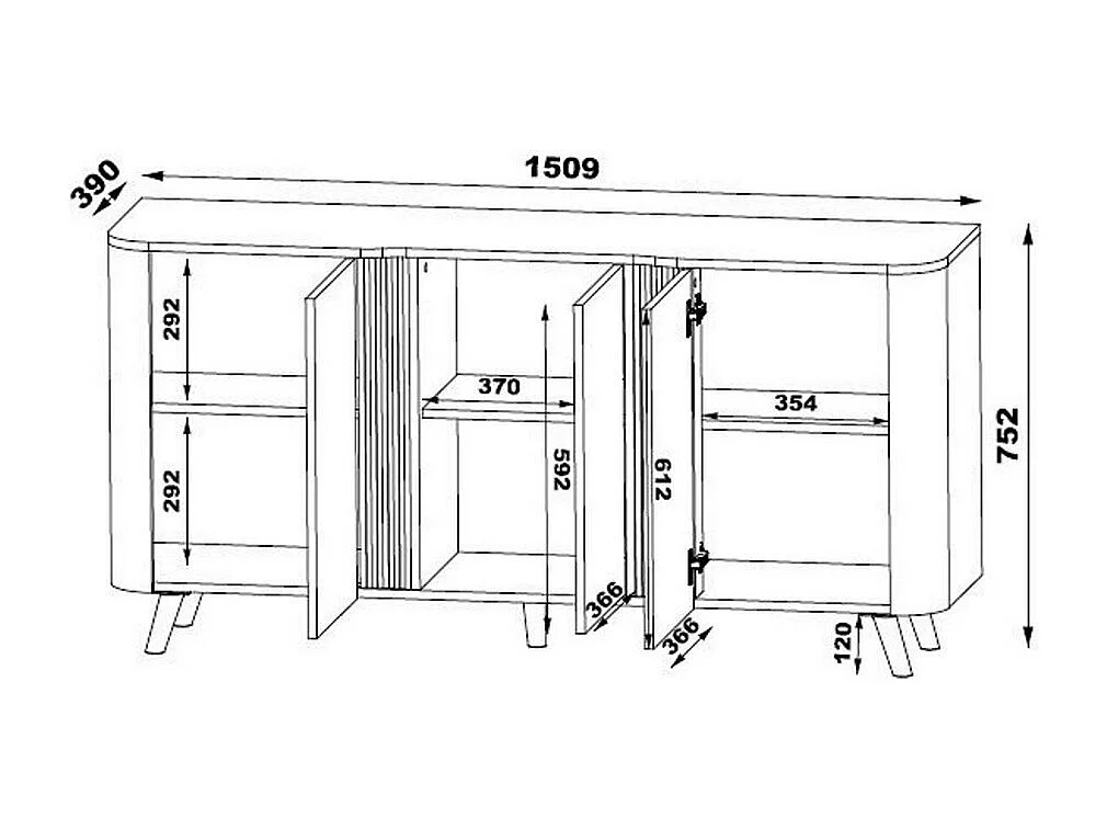 Credenza di design arrotondata nera opaca - 3 ante - 150cm Viali