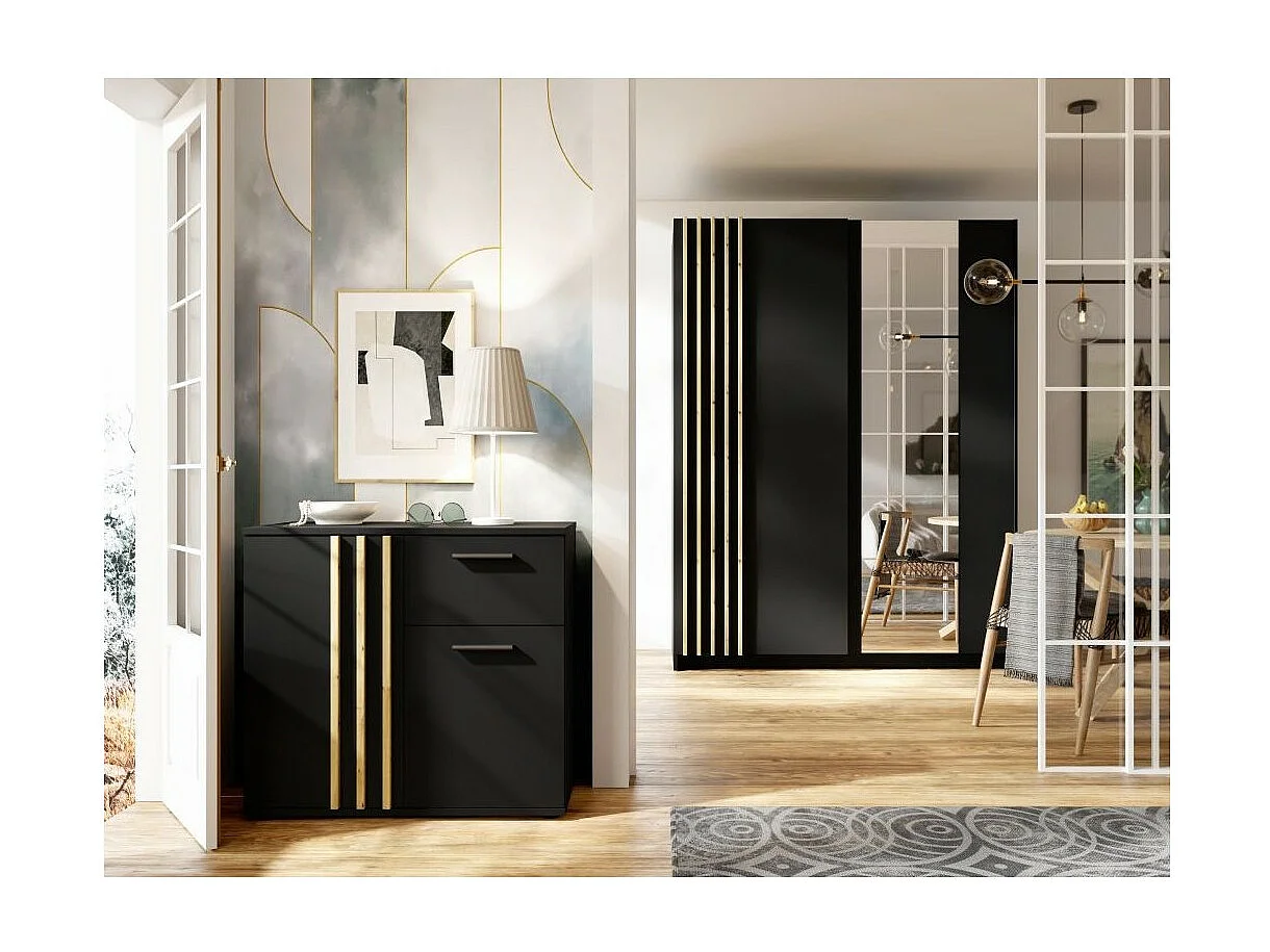 Cómoda VARIA - 2 puertas y 1 cajón - Diseño moderno en color negro y roble artesano.