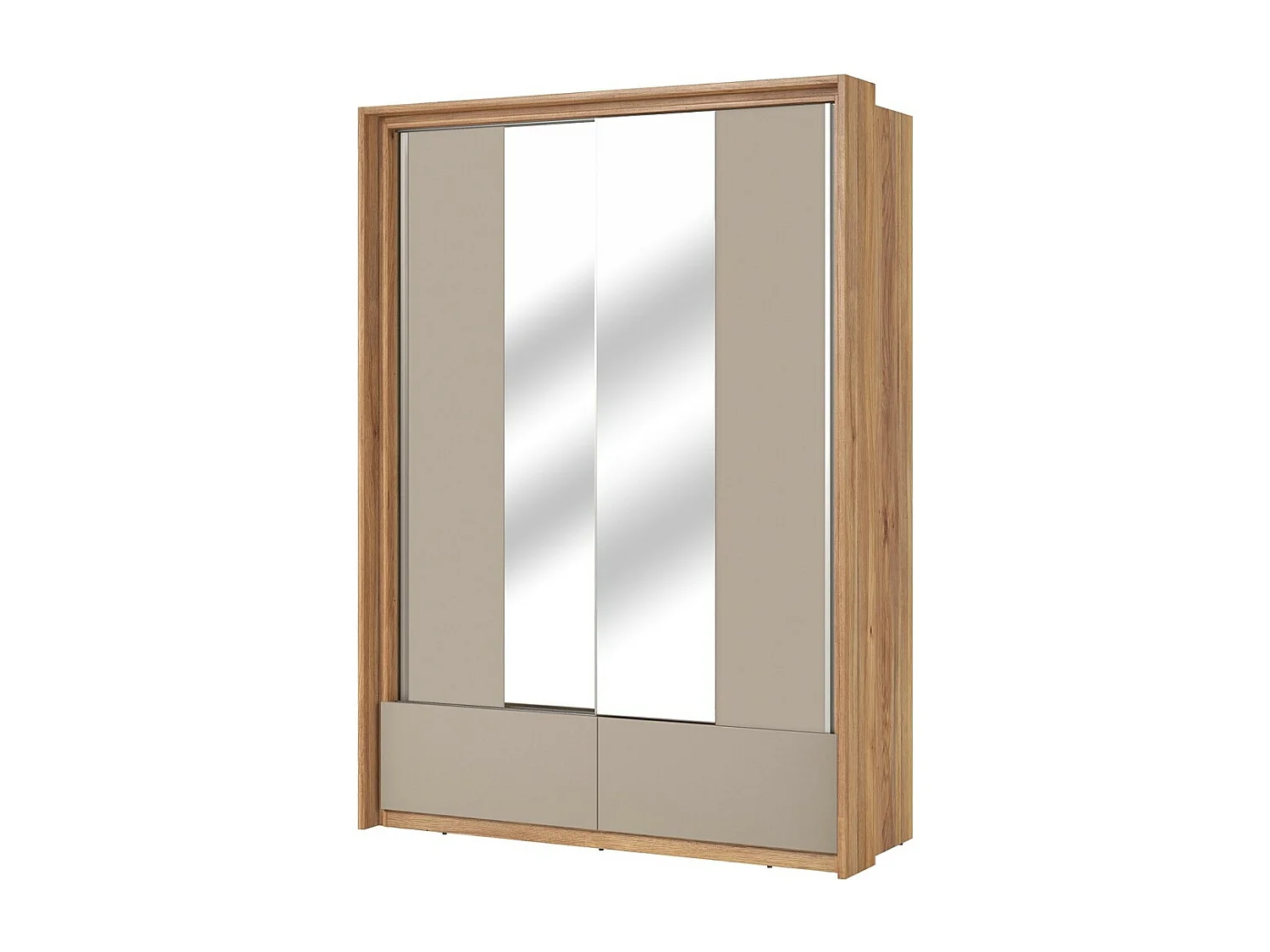 Armoire 2 portes avec miroirs, 2 tiroirs, penderie et 5 étagères coloris chêne et beige – Collection VOX