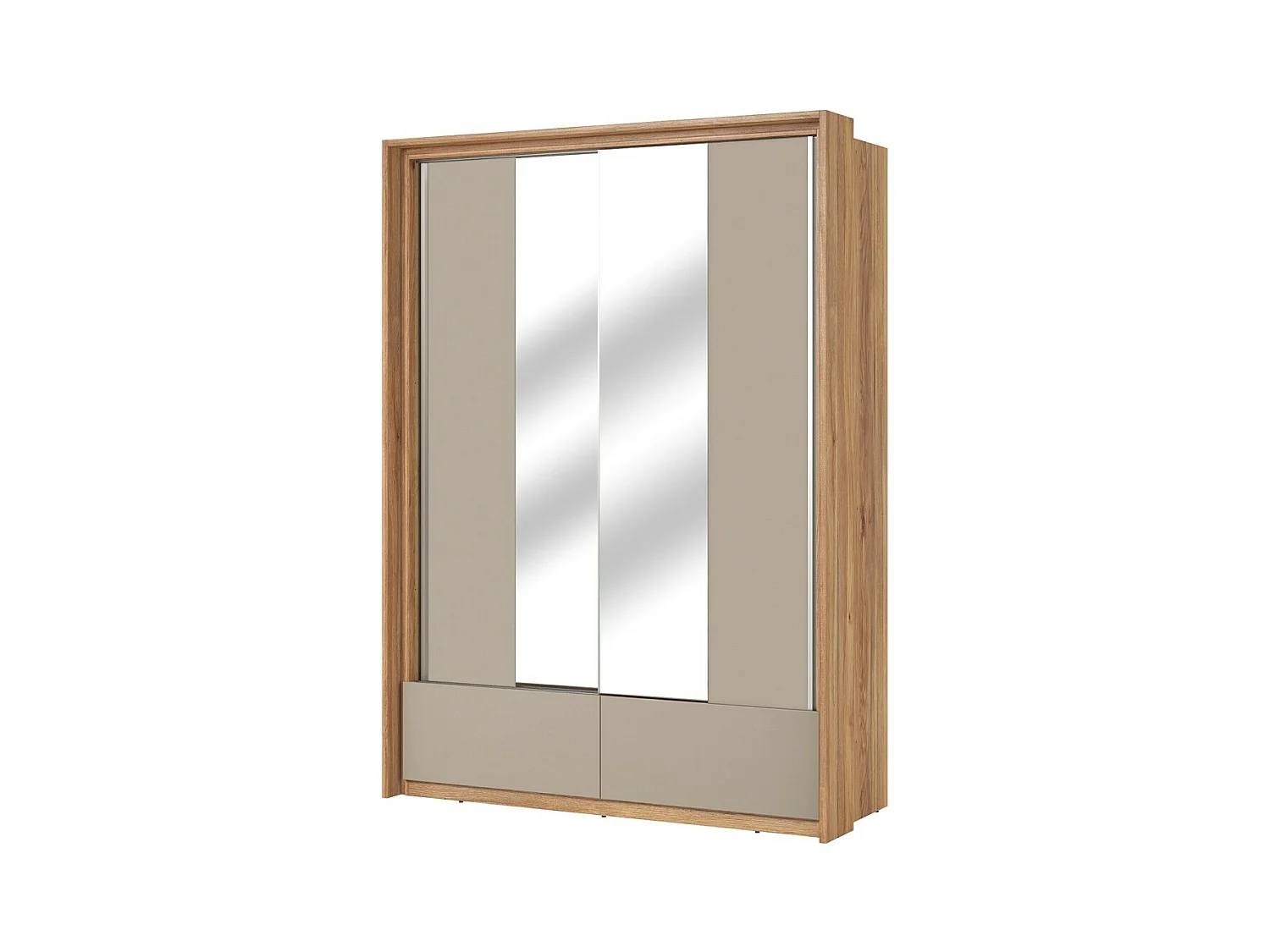 Armoire 2 portes avec miroirs, 2 tiroirs, penderie et 5 étagères coloris chêne et beige – Collection VOX