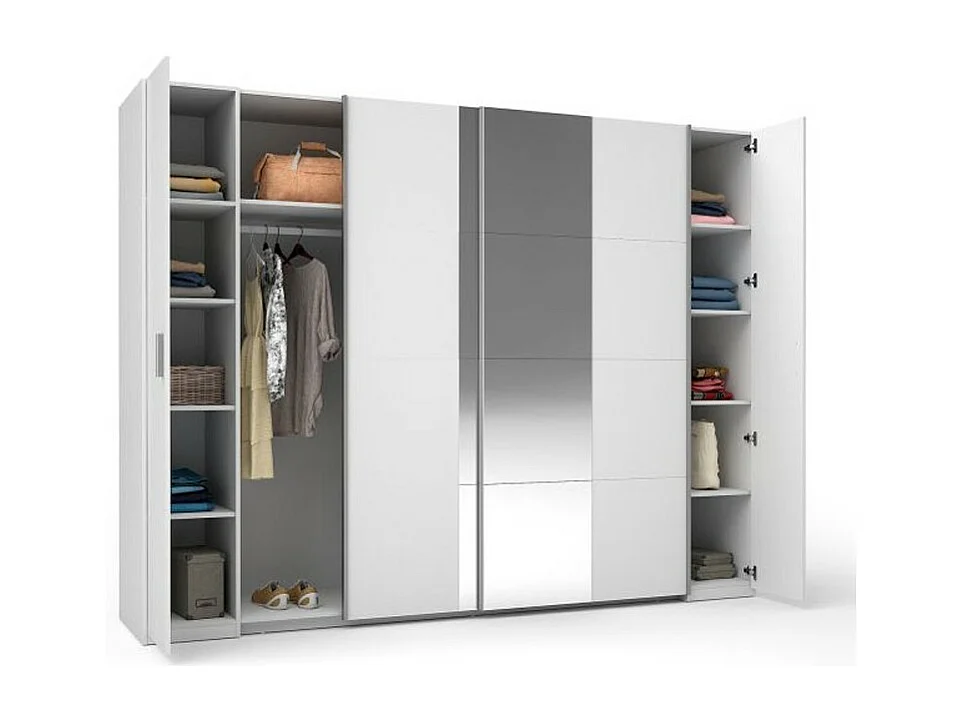 Armoire 4 portes avec miroir STAR – Blanc – Avec penderie – L264 cm