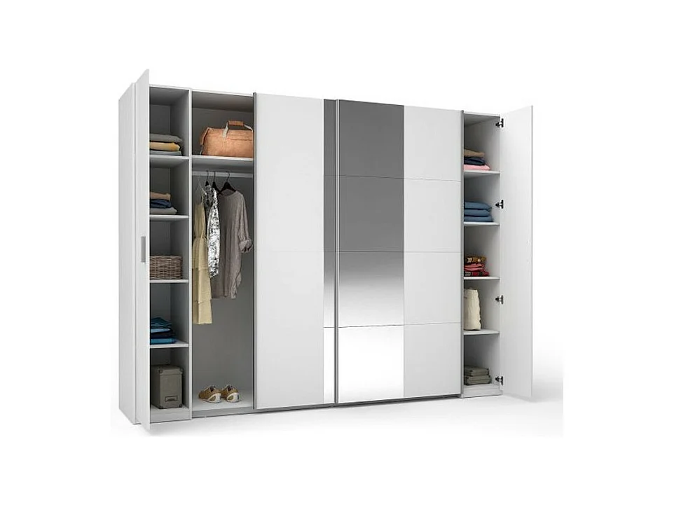Armoire 4 portes avec miroir STAR – Blanc – Avec penderie – L264 cm