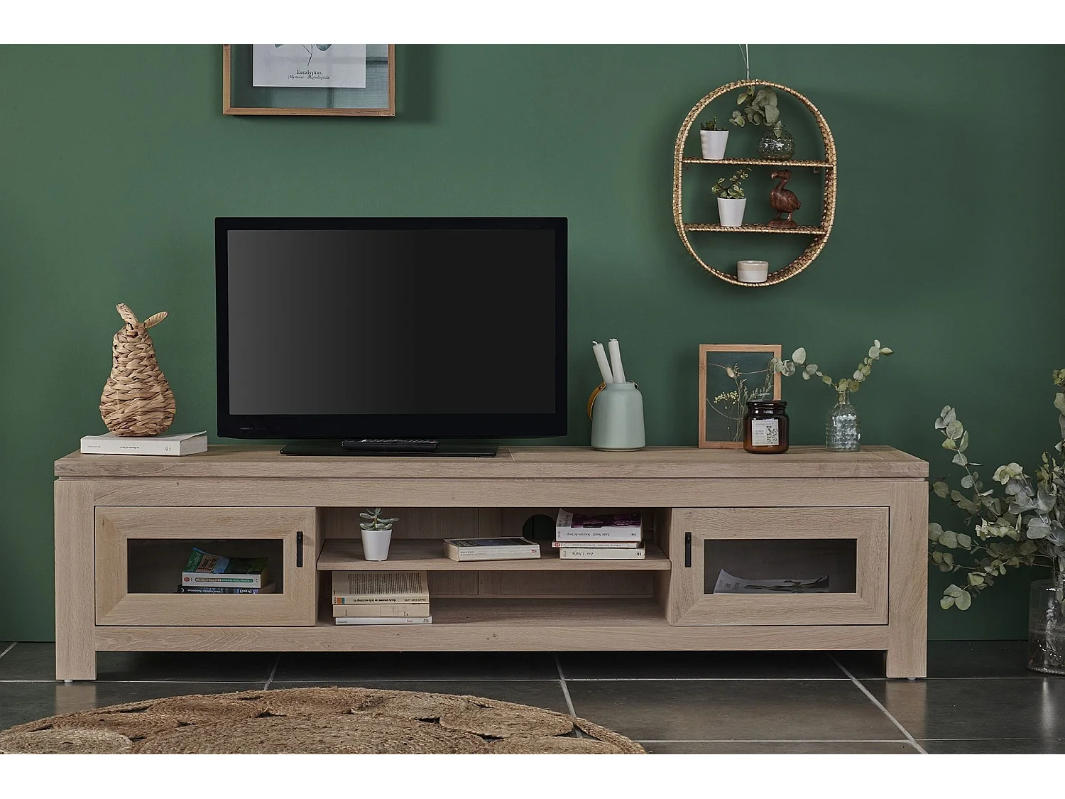 Meuble TV bas moderne en chêne blanchi L180 - BOSTON