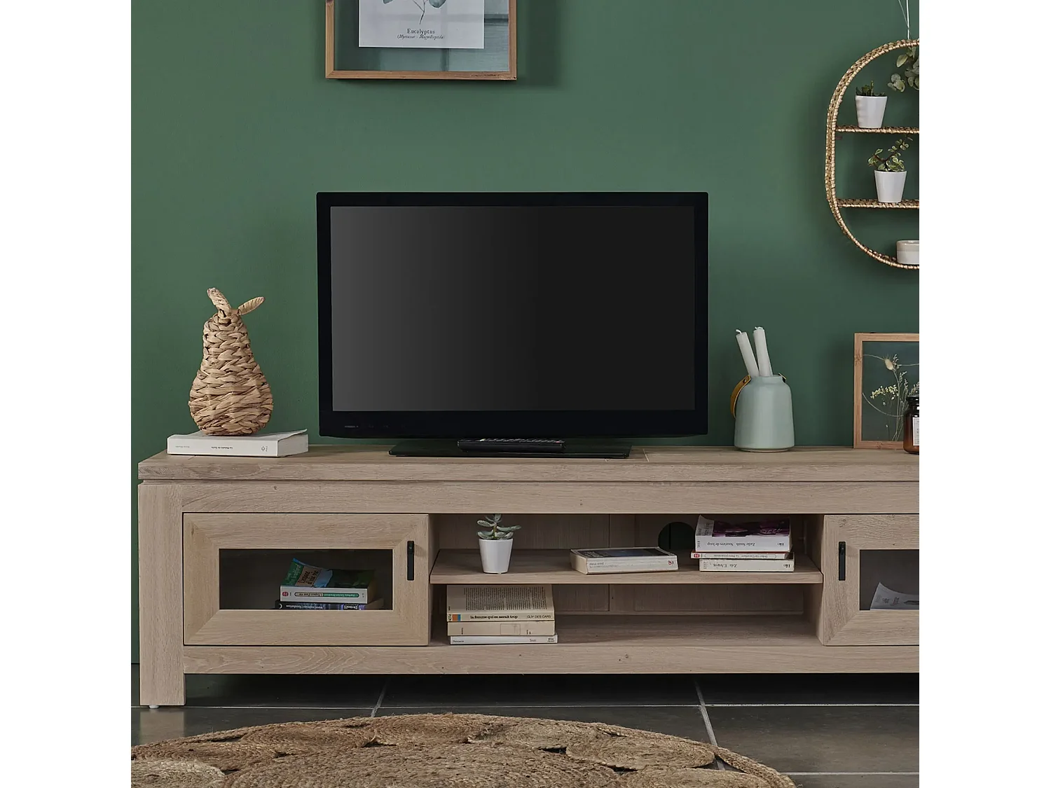 Meuble TV bas moderne en chêne blanchi L180 - BOSTON