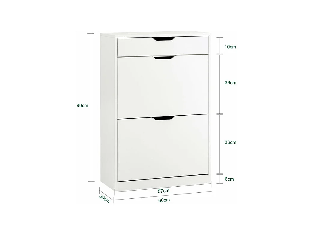 SoBuy Schoenenkast, schoenenopberger, entreekast, schoenenopbergkast, schoenenladekast met 2 kleppen en 1 lade voor gang, L60xD30xH90 cm, Wit, FSR180-W