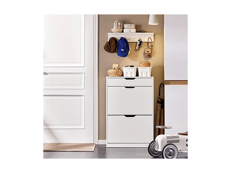 SoBuy Schoenenkast, schoenenopberger, entreekast, schoenenopbergkast, schoenenladekast met 2 kleppen en 1 lade voor gang, L60xD30xH90 cm, Wit, FSR180-W