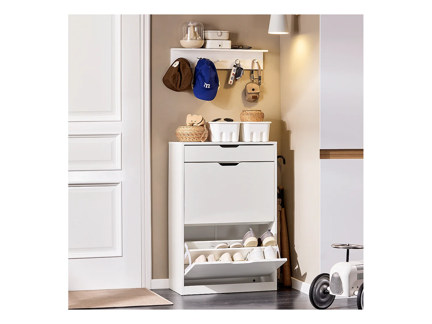 SoBuy Schoenenkast, schoenenopberger, entreekast, schoenenopbergkast, schoenenladekast met 2 kleppen en 1 lade voor gang, L60xD30xH90 cm, Wit, FSR180-W