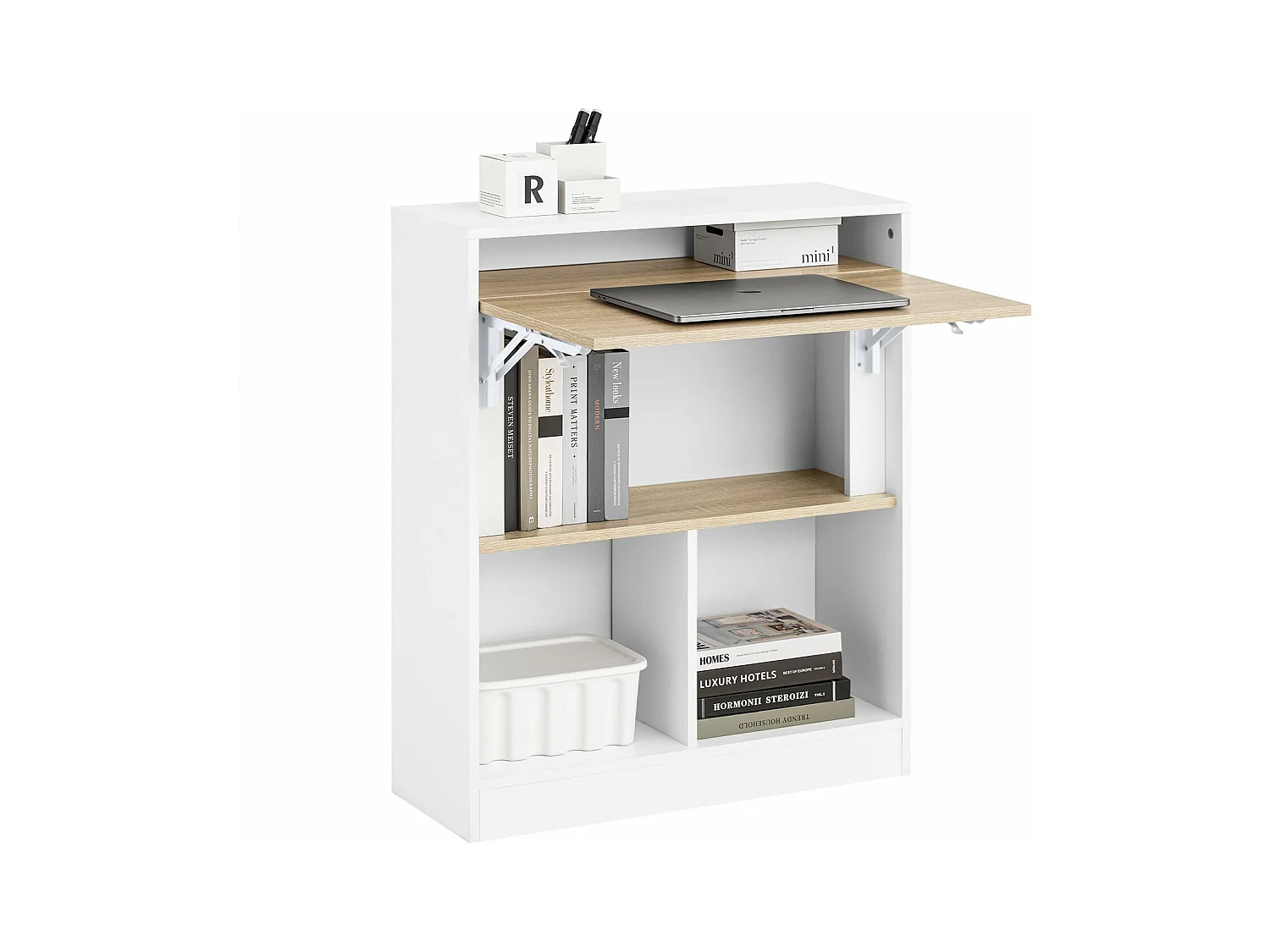 SoBuy FWT104-WN Bureau Pliant, Table d'Ordinateur Rabattable, Table de Bureau, Petite Bureau avec Etagères de Rangement