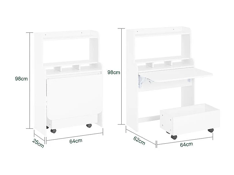 SoBuy FWT105-W Bureau Pliable, Bureau Multifonctionnel avec Etagères de Rangement et 1 Boîte de Rangement à Roulette