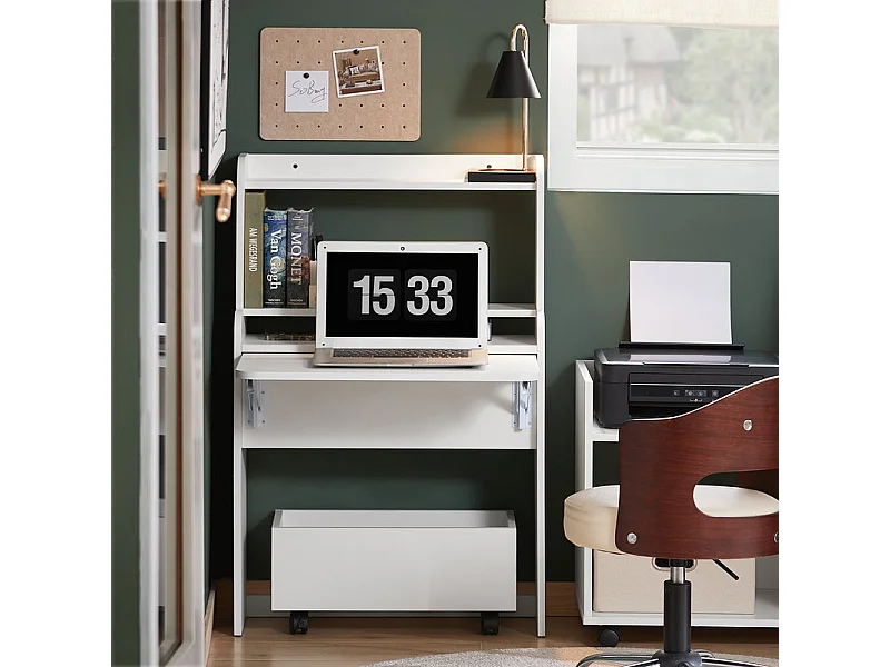 SoBuy FWT105-W Bureau Pliable, Bureau Multifonctionnel avec Etagères de Rangement et 1 Boîte de Rangement à Roulette