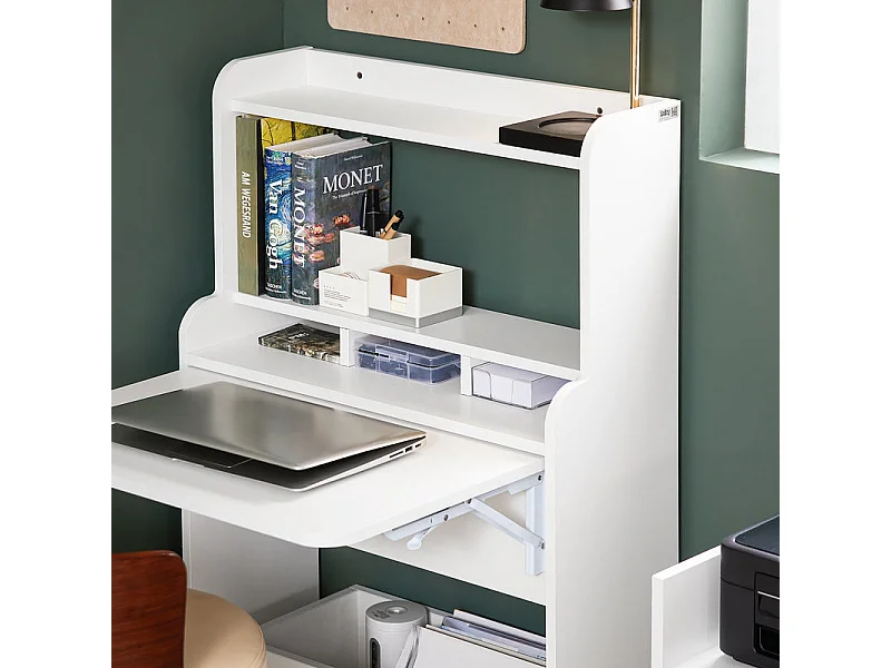 SoBuy FWT105-W Bureau Pliable, Bureau Multifonctionnel avec Etagères de Rangement et 1 Boîte de Rangement à Roulette