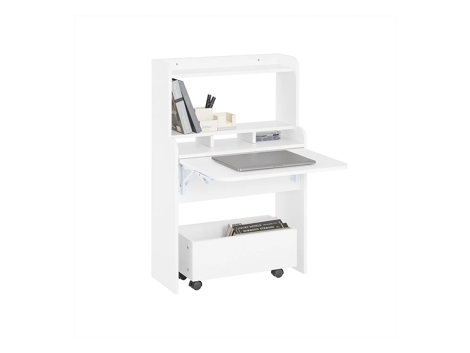 SoBuy FWT105-W Bureau Pliable, Bureau Multifonctionnel avec Etagères de Rangement et 1 Boîte de Rangement à Roulette
