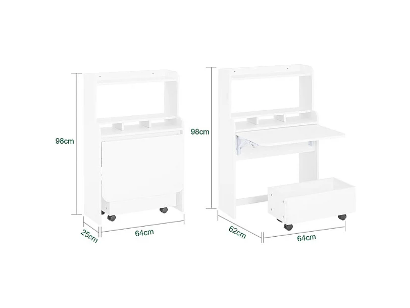 SoBuy FWT105-W Bureau Pliable, Bureau Multifonctionnel avec Etagères de Rangement et 1 Boîte de Rangement à Roulette