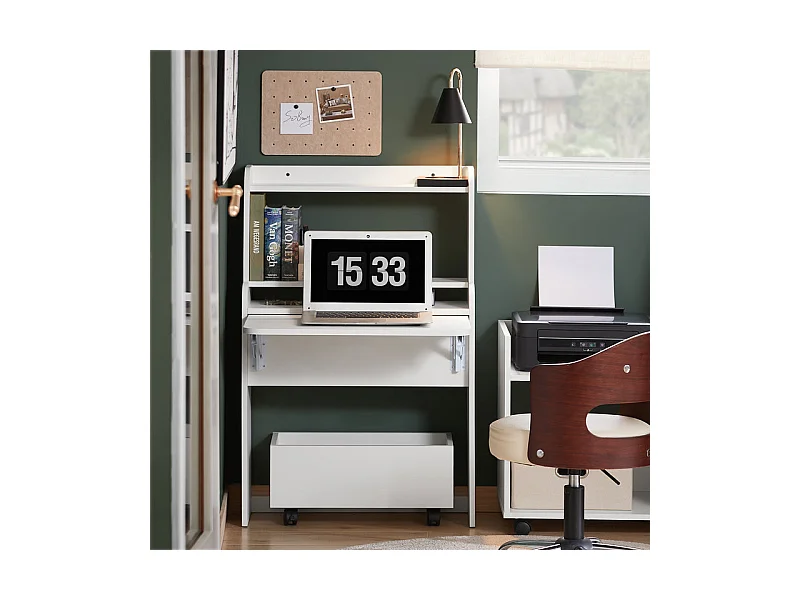 SoBuy FWT105-W Bureau Pliable, Bureau Multifonctionnel avec Etagères de Rangement et 1 Boîte de Rangement à Roulette