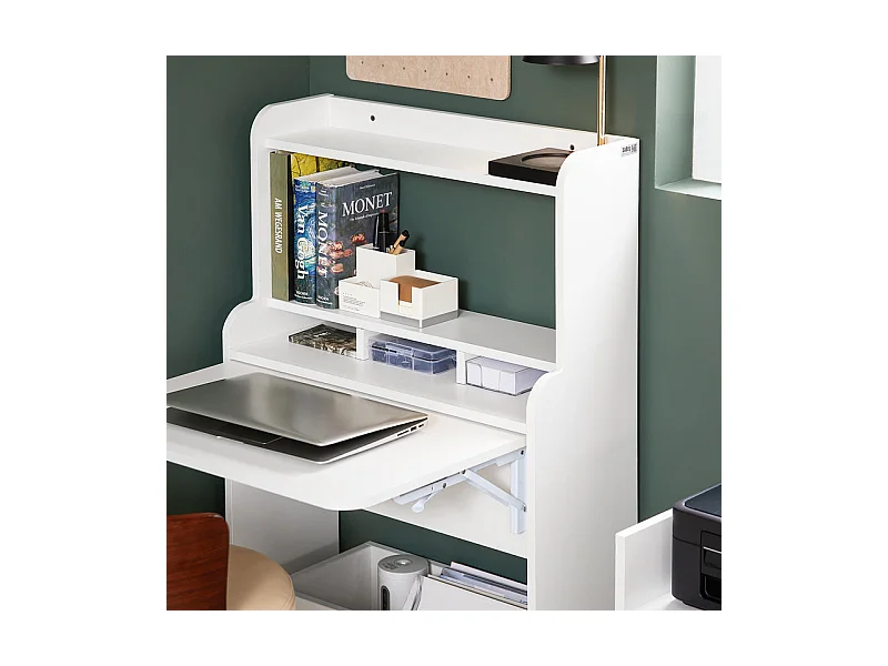SoBuy FWT105-W Bureau Pliable, Bureau Multifonctionnel avec Etagères de Rangement et 1 Boîte de Rangement à Roulette