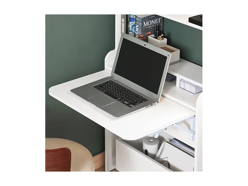 SoBuy FWT105-W Bureau Pliable, Bureau Multifonctionnel avec Etagères de Rangement et 1 Boîte de Rangement à Roulette