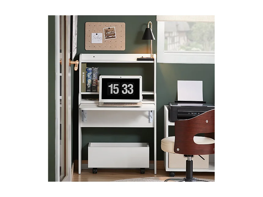 SoBuy FWT105-W Bureau Pliable, Bureau Multifonctionnel avec Etagères de Rangement et 1 Boîte de Rangement à Roulette