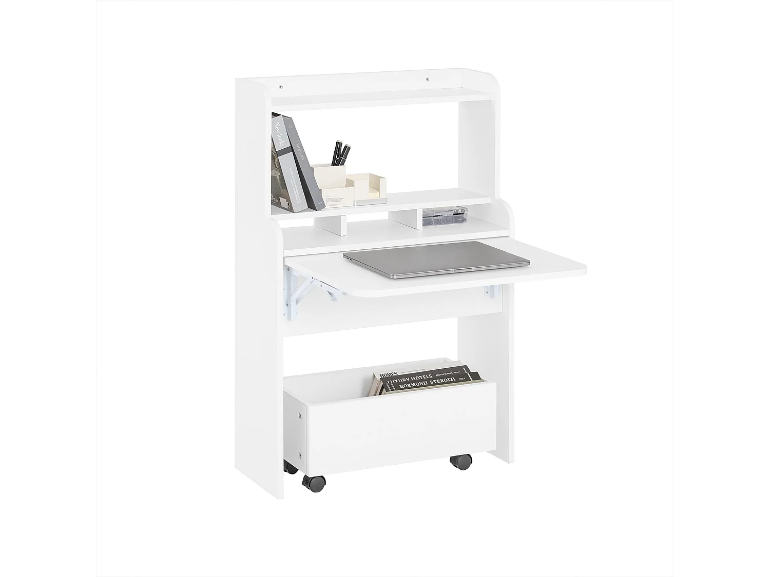 SoBuy FWT105-W Bureau Pliable, Bureau Multifonctionnel avec Etagères de Rangement et 1 Boîte de Rangement à Roulette