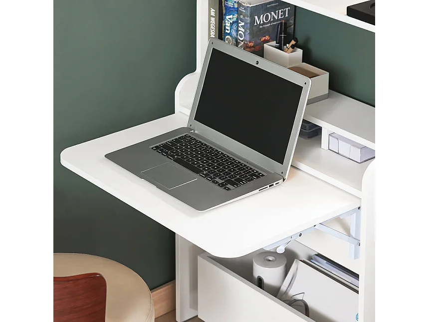 SoBuy FWT105-W Bureau Pliable, Bureau Multifonctionnel avec Etagères de Rangement et 1 Boîte de Rangement à Roulette