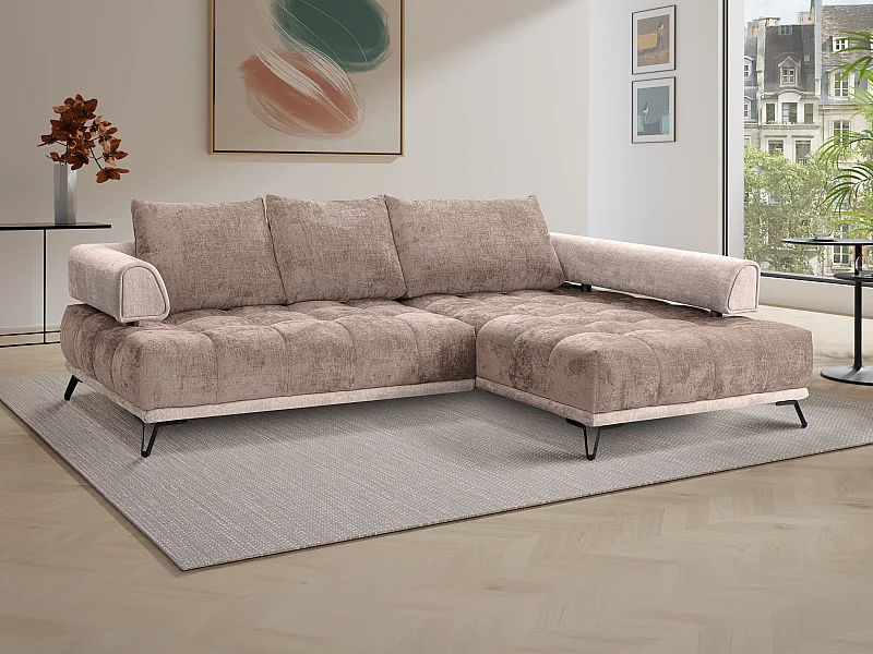 Canapé d'angle droit en tissu chenille et velours taupe NIVORIA