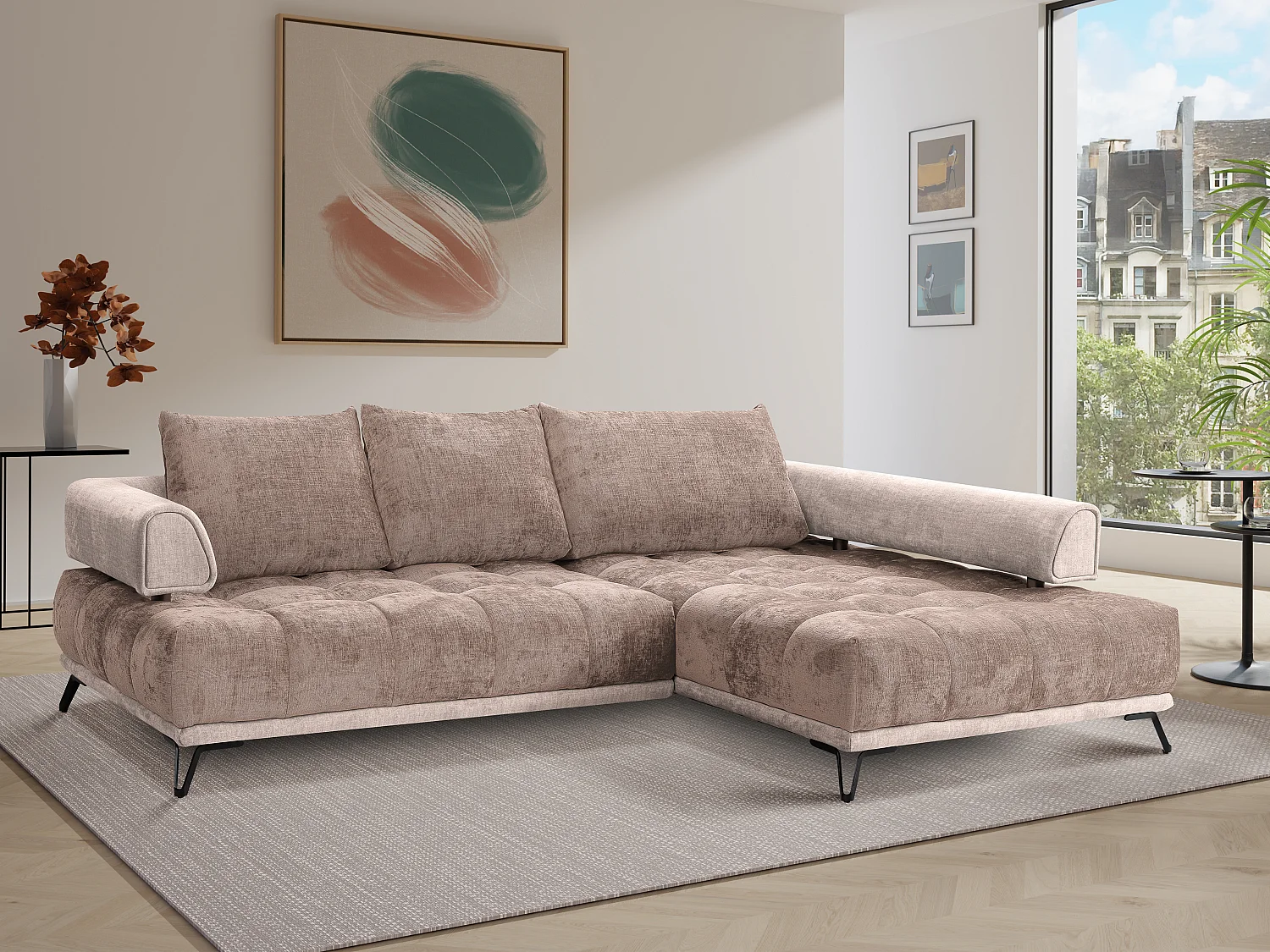 Canapé d'angle droit en tissu chenille et velours taupe NIVORIA